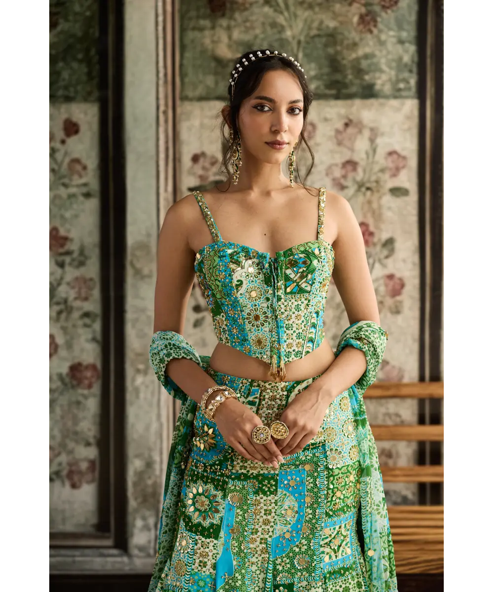 DIYARAJVVIR - Aqua Print and Highlighted Corset Mermaid Skirt Set